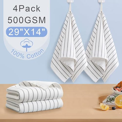 VOOVA & MOVAS White Striped Hand Towels 4 Pack, 100% Cotton, 13x28 in | Ideal for Home Bathroom & Kitchen, Hanging Loops, 450GSM, Ultra Absorbent & Quick Dry, White Base with Black Stripes - color: White Stripe
