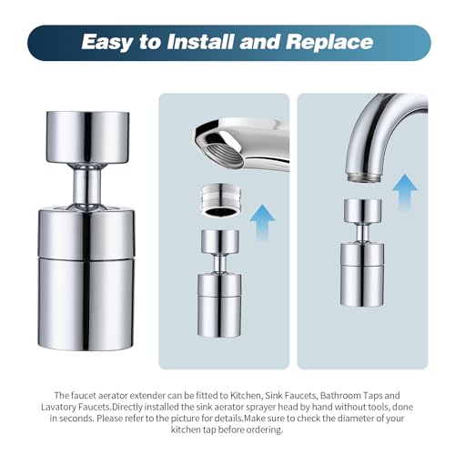 360° Swivel Faucet Aerator, Dual Mode Water Saving Sprayer Head, Chrome Brass Nozzle, Universal Fit for Kitchen & Bathroom Sinks (22mm Male & 24mm Female)