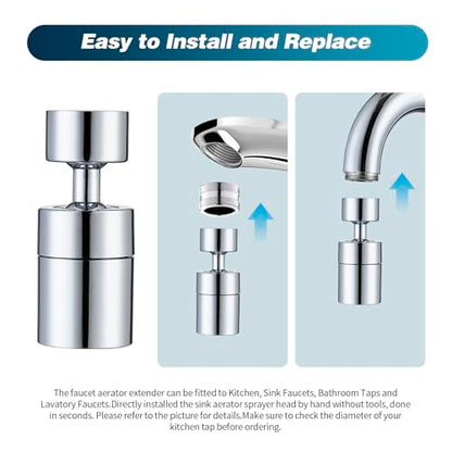 360° Swivel Faucet Aerator, Dual Mode Water Saving Sprayer Head, Chrome Brass Nozzle, Universal Fit for Kitchen & Bathroom Sinks (22mm Male & 24mm Female)