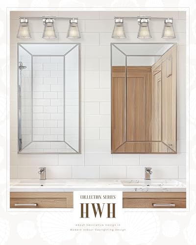 HWH INVESTMENT 3-Light Bathroom Vanity Light, Brushed Nickel, 5HZG97B-3W BN | 24.1-Inch Hardwired Wall Light with Clear Striped Glass; 3 E26 Bulbs, Max 60W Each; Bulbs Not Included - color: Brushed Nickel, size: 3-Light
