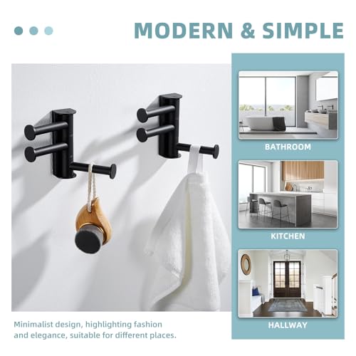Suyar Towel Hook for Bathroom, Swivel Robe Holder with 3 Arms, Matte Black | 2 Pack, SUS304 Stainless Steel, Wall Mounted - color: Matte Black, size: 2 Pack