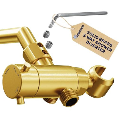 HammerHead Showers® Solid Metal 3 Way Shower Diverter Valve with Shower Head Holder — Universal Splitter To Connect Handheld Spray Wand And Rain Showerhead to Shower Arm Mount — Brushed Gold - color: Brushed Gold
