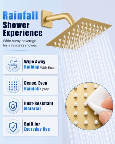 Heyalan 6 Inch Square Rain Shower Faucet Set with Valve, Brushed Gold | Female-thread 1/2-inch NPT connections, SUS304 shower head, brass rough-in valve, single-handle control Shower Set - color: Gold, size: 6 Inch Square Shower Head