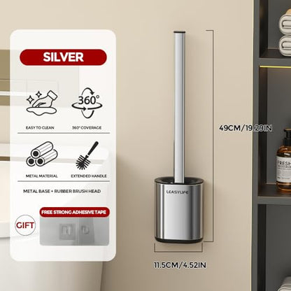 Toilet Brush and Holder, Stainless Steel | Removable Inner Bowl and Splash Protection,Flat and Elongated,Dense Bristles for Through Cleaning - color: Silver