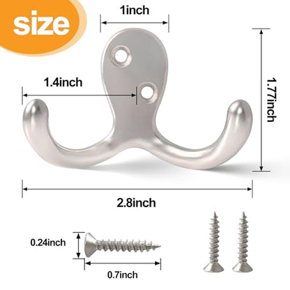 CBWLWJ 10 Pack Coat Hooks Wall Hooks for Hanging, Heavy Duty Double Prong Metal Hook Wall Mounted for Living Room, Bathroom, Kitchen, Bedroom for Coat, Bag, Scarf, Towel, Hat, Key, Cup (Silver) - color: Silver-10pack