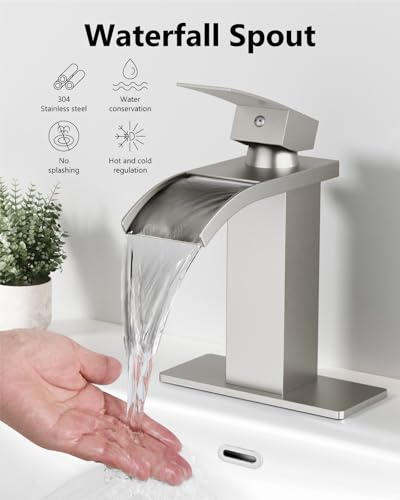 Brushed Nickel Waterfall Bathroom Faucet 1-Handle Vanity Faucet | Stainless Steel Modern Bathroom Sink Faucet,Pop-Up Drain, Supply Lines 6-in Deck Plate, 1- or 3-Hole, NSF Certified - color: Nickel