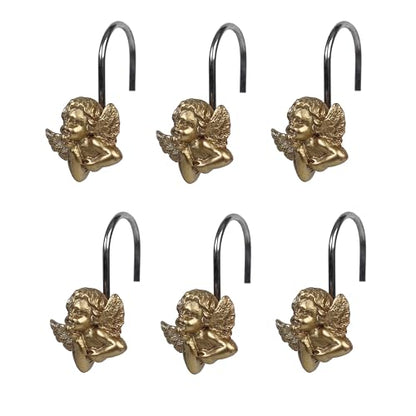 Twofish Home Golden Angel Shower Curtain Hooks Anti Rust Shower Curtain Hooks Decorative Resin Golden Angel Shower Curtain Rings Set of 12 - color: Golden Angel