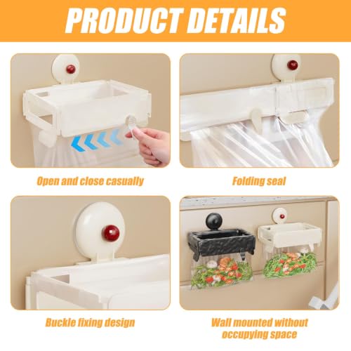 2 Pcs Folding Trash Bag Holder, Removable Suction Cup Kitchen Trash Can Hanging Rack, Collapsible Detachable Garbage Bag Holder, Space Saving Towel Hanger for Kitchen/Bathroom/RV/Cabinets/Dorm Room