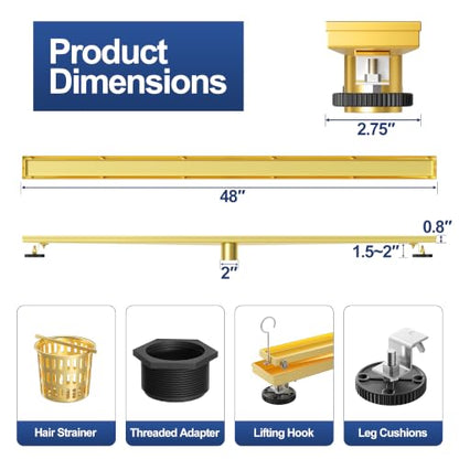 Neodrain 48-Inch Linear Shower Drain-Gold,with Tile Insert Grate | 304 Stainless Steel, Fast Drainage, Rectangle Shower Floor Drain with Leveling Feet & Hair Strainer, Fits Bathroom, Balcony - color: Gold, size: 48 IN