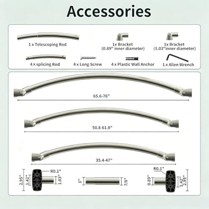 Brushed Nickel Curved Shower Curtain Rod for Bathroom 33-78 In Adjustable Rounded Shower Rod, RustProof Stainless Steel Non-Slip Bowed Shower Rods for Bathtub, Stall Extra Shower Space Need Drilling - color: Brush Nickel
