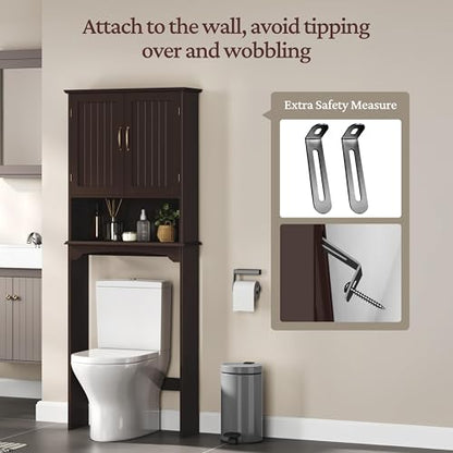 Topeakmart Over The Toilet Storage Cabinet, Bathroom Organizer, Espresso | Bathroom Shelf Over Toilet with Adjustable Shelf & Double Doors, Home Space-saving Furniture, L24.5xW9xH66 Inches - color: Espresso