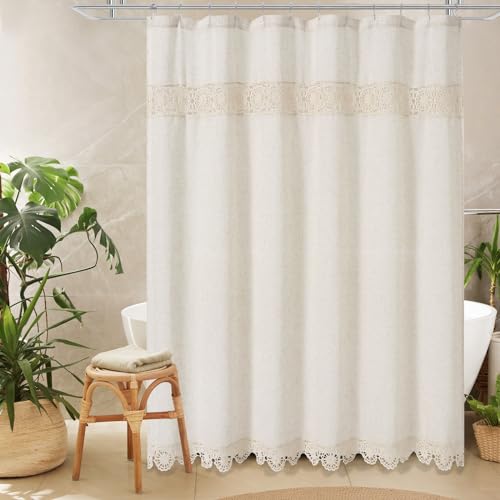 Extra Long Boho Farmhouse Shower Curtain Set with Liner, Linen Bohemian French Country Bath Curtain 72x84 - Beige/Cream - color: Beige-liner Set, size: 72"W x 84"L (Pack of 1)