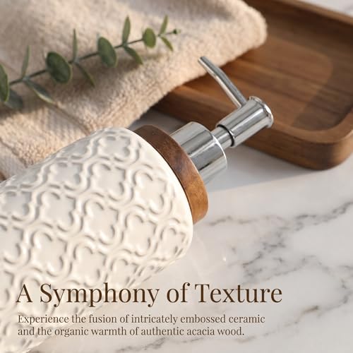 RQYIXI Ceramic 4-Piece Bathroom Accessories Set,White | Countertop Essentials Embossed Textured Design Solid Wood Non-Slip Detail Pearl White Finish - color: White, size: Embossed Textured-4-Piece