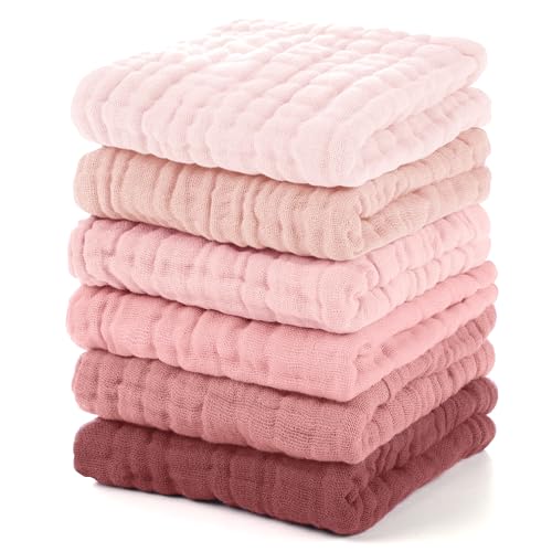 Unnivoll Muslin Burp Cloths Baby 12''X12'', Baby Washcloths 6 Pack, 100% Cotton Baby Wash Cloths Absorbent and Soft for Newborn Infants Kids Boys Girls - Gradient Pink - color: Gradient Pink