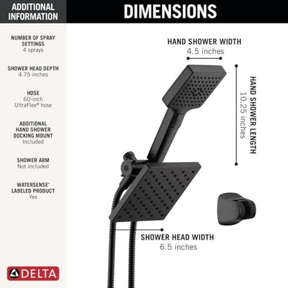 Delta Square 2-in-1 Dual Shower Head with 4-Setting HandHeld Spray, Matte Black Detachable Double Shower Head with Hose, Showerhead, 1.75 GPM Flow Rate, Matte Black 75755BL - color: Matte Black