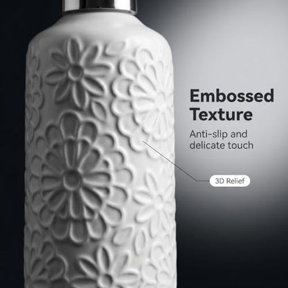 4 Piece White Ceramic Bathroom Accessories Set, 3D Embossed Floral Bath Decor Set with Soap Dispenser, Toothbrush Holder, Tumbler and Soap Dish, Elegant Countertop Organizer for Bathroom