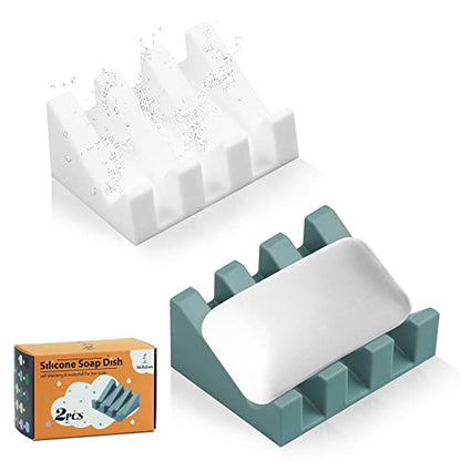 Self Draining Silicone Soap Dish Holder Waterfall Tray, 2 Pack Green White | Waterfall design drains fast to keep soap dry, non-slip silicone base anti slide, soap saver for bathroom & kitchen - color: White-green, size: 2