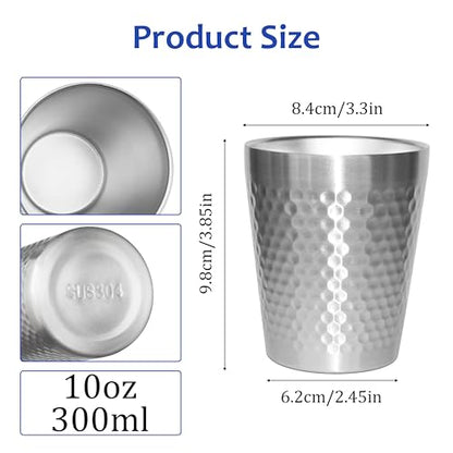 Stainless Steel Cups 2 Packs 10oz/300ml Stackable Double Wall Insulated Metal Shatterproof Cups Titanium-Plated Diamond Textured Surface Heat Resistant Dishwasher Safe (Silver) - color: Silver