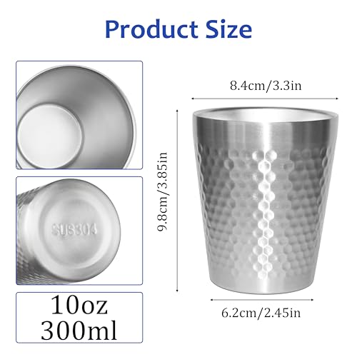 Stainless Steel Cups 4 Packs 10oz/300ml Stackable Double Wall Insulated Metal Shatterproof Cups Titanium-Plated Diamond Textured Surface Heat Resistant Dishwasher Safe (Silver - 4 Packs) - color: Silver - 4 Packs