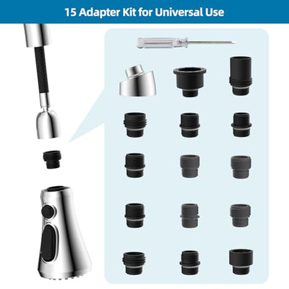 Universal Kitchen Faucet Head Replacement, 3 Modes, 15 Adapter Kit, Chrome | NSF/ANSI/CAN 372 Certified, Compatible with Kohler/Moen/Delta Faucet, 3 Function Pull Down Sink Faucet Spray Head G1/2 - color: Chrome