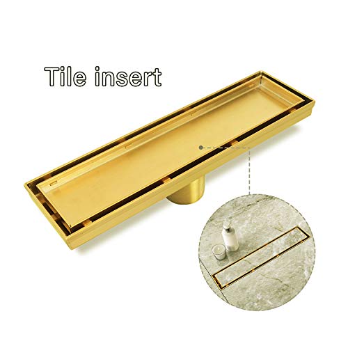 Neodrain 12" Gold Linear Shower Drain,2-in-1 Flat& Tile Insert Cover | 304 Stainless Steel,Fast Drainage, Durable,Rectangle Shower Floor Drain with Adjustable Feet,Hair Strainer,Fits Bathrooms - color: Golden, size: 12 In