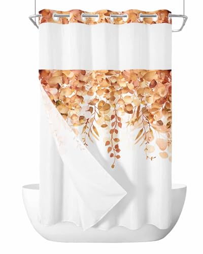 No Hook Shower Curtain and Snap in Liner Set, Burnt Orange Eucalyptus Fabric Bathroom Stall Shower Curtains 36x72, See Through Top Window, Spring Summer Botanical Floral Leaves Country Hotel Style - color: Burnt Orange, size: 36"W x 72"L (Pack of 1)