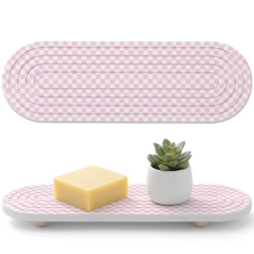 Water Absorbing Stone Drying Tray for Bathroom Sink Pink Chessboard Diatomite Coasters Quick Dry Stone Mat with Wooden Feet Square Blocks Plaid Drying Mat for Kitchen Counter Soaps Organizer 12"x4" - color: Pink