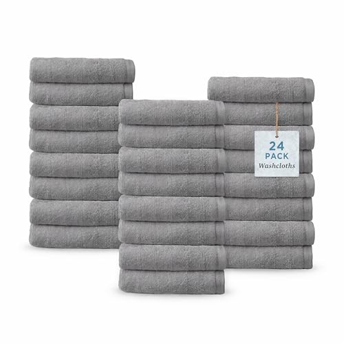 Welhome James 100% Cotton 24 Pack Textured Stripe Washcloths - Bathroom Face Towel, Soft & Absorbent for Hotel & Spa, Gray - color: Gray, size: 24 Washcloths