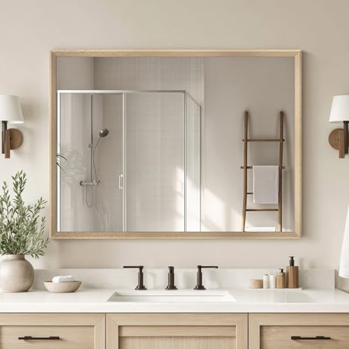 Oak Wood Effect Framed Wall Mirror, 30x40 Rectangle Mirror | Anti-desilvering Tempered Glass, Sustainable& Sturdy Frame, Farmhouse Mirror, Anti-Rust, 3min Setup for Bathroom Living Room - color: Oak Wood, size: 40"L x 30"W