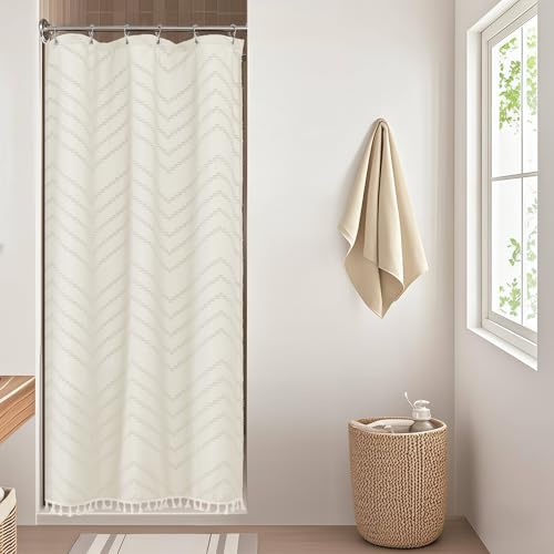 Small Boho Stall Shower Curtain, Beige Fabric Cloth Stall Shower Curtain 36 x 72 Half Size with Tassel Tufted Chevron Striped Textured Modern Farmhouse for Bathroom, Machine Washable - color: Beige, size: 36"W x 72"L (Pack of 1)