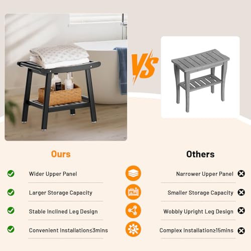 Bamboo Shower Stool Bench,Shower Chair for Inside Shower with Storage Shelf | Black,Large Storage,Ergonomic Curved Design,A-Shaped Stable Construction,Non-Slip Rubber Feet,Hold 300lbs - color: Black