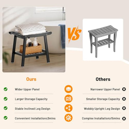 Bamboo Shower Stool Bench,Shower Chair for Inside Shower with Storage Shelf | Black,Large Storage,Ergonomic Curved Design,A-Shaped Stable Construction,Non-Slip Rubber Feet,Hold 300lbs - color: Black