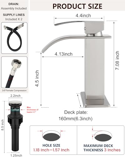 Midanya Waterfall Bathroom Faucet 1 Hole,Brushed Nickel | with 24” Hoses,Pop Up Drain,6” Deck Plate,for 1 or 3 Hole Vanity,Lavatory,RV,Single Handle Bathroom Sink Faucet,NSF Certified - color: Nickel