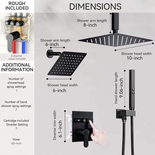 STARBATH Shower Faucet Set Shower System Matte Black, Push Button Diverter | 10 Inch Ceiling Mount Shower Head, 6 Inch Wall Mount Head, 2-in-1 Handheld Sprayer, Solid Brass Valve, Can Run All Together - color: Matte Black, size: 6+10 inch-01
