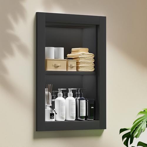 Recessed Medicine Cabinet, 14x18 Wood Recessed Wall Niche Medicine Cabinet Replacement, Water-Proof Wall Niche for Bathroom/Hallway, Black - color: Black, size: 14x18