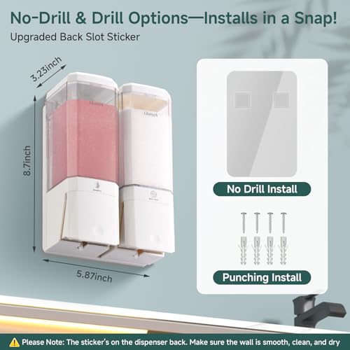 Shampoo and Conditioner Dispenser 2 Chamber No Drill Shampoo Dispenser for Shower Wall Mounted Shower Soap Dispenser 2 * 500ml Refillable Shower Dispenser for Bathroom Hotel,White - color: White-clear-2