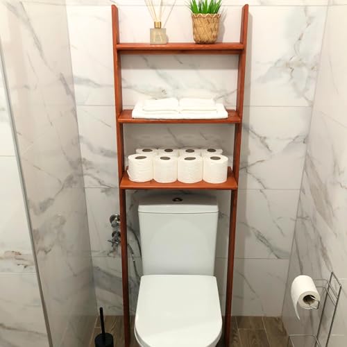 Over The Toilet Birch Wood Bathroom Organizer Shelves, 3-Tier Freestanding Above Toilet Storage Ladder Shelf, Standing Space Saver Behind Toilet Small Bathroom Organizer (Chestnut) - color: Chestnut