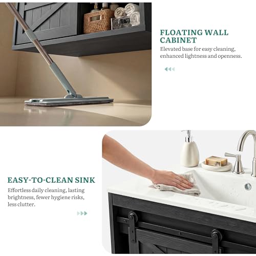 DWVO 24" LED Bathroom Vanity with Sink | Farmhouse Sliding Barn Door Bathroom Cabinet, Bathroom Vanities, Wall Mounted Floating Cabinet - color: Black, size: 24 Inch