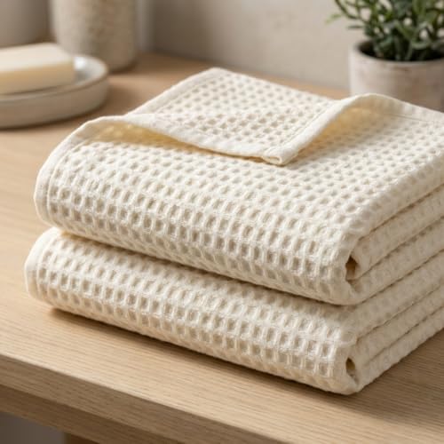 Bamboo Viscose Waffle Bath Towels - Pack of 2 - Ivory - 250 GSM – 100% Viscose Derived from Bamboo - Quick-Dry Waffle Weave - Spa & Gym Ready - Oeko-TEX Certified – Absorbent - Breathable - color: Ivory