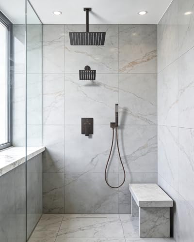 Rain Shower System 12" & 6" Dual Shower Heads Ceiling Shower Faucet Set | Ideal for bathroom remodels and upgrades with 12" rain shower, 6" angled shower, handheld spray and complete valve kit. - color: Oil Rubbed Bronze, size: Ceiling Mounted - 12"+6" Sh