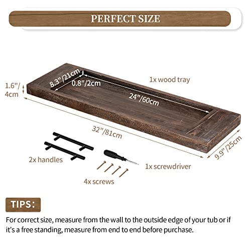 Hanobe Wood Bathtub Tray Bath Caddy with Handles, 31" | Distressed Rustic Finish, Rustic Long Board Shelf Over Tub for Bathroom Decor