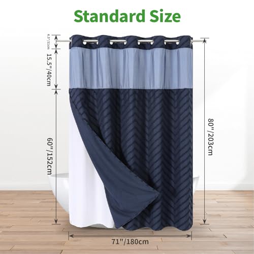 eachope Long No Hook Tufted Chevron Striped Shower Curtain with Snap-in Fabric Liner set-71Wx80H(78H),Navy Blue Hotel Grade Boho Style Shower Curtain with See Through Top Window,Water Repellent - color: Navy Blue, size: 71"W x 80"L (Pack of 1)