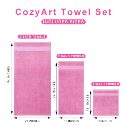 COZYART Bath Towel Set 6 PCS, Pink Luxury 100% Turkish Cotton 650GSM | Soft Absorbent Quick Dry, OEKO‑Tex 100 Cert. Zero Twist Ring Spun Cotton, Plush Fluffy, Breathable Hotel Quality Towels Set - color: Pink