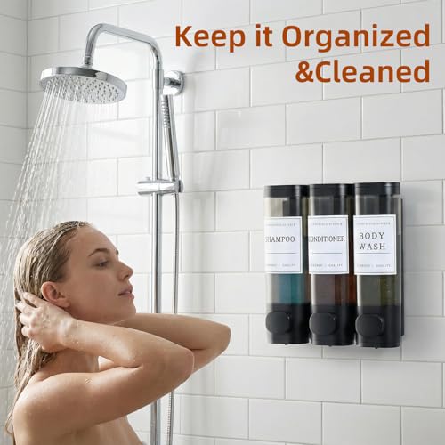 Shampoo and Conditioner Dispenser,Shower Soap Dispenser 3 Chamber No Drill Wall-Mounted for Bathroom & Hotel Leak-Proof Pumps, for Thick Liquids Like Conditioner - 1050ML High Capacity, Black - color: Matte Black