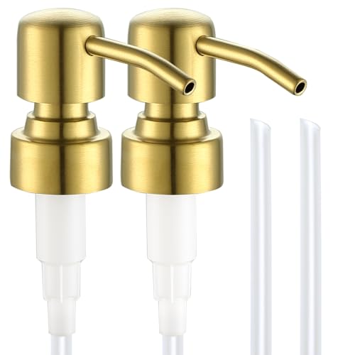 Gold Soap Dispenser Pump Replacement - Brushed Finish 304 Stainless Steel Hand Lotion Soap and Liquid Dispenser Pumps Replacement for Regular Mouth Bottles, Standard 28/400 Neck Size,2 Pack - color: Brushed Finish-gold, size: 2pcs