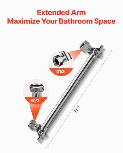 VEVOR Shower Head Extension Arm, 11 Inches, Brass Shower Arm Extender with Flexible Adjustable Angle Height, Chrome Finish, G1/2 Universal Thread Connector Compatible, for Rain & Handheld Showerhead - size: 11''
