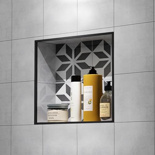 Shower Niche Insert Tile Ready, Black Recessed Bathroom Niche for Shower Wall, 15.65" L x 15.65" W x 4" D Shower Shelf for Inside Shower, Shampoo & Toiletries Storage, Easy to Installation Never Leak - size: 15.65" L x 15.65" W x 4" D