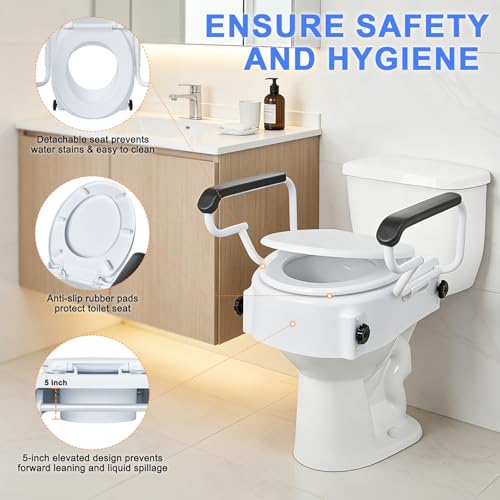 5'' Round Raised Toilet Seat with Handles, Adjustable Height | 3 Adjustable Heights (1.9/3.4/5'')|Fits Standard Round Toilets|with Lid|300lbs|Flip-up Armrests|for Seniors Post-surgery