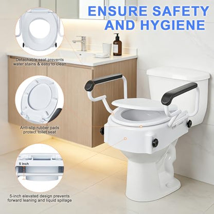 5'' Round Raised Toilet Seat with Handles, Adjustable Height | 3 Adjustable Heights (1.9/3.4/5'')|Fits Standard Round Toilets|with Lid|300lbs|Flip-up Armrests|for Seniors Post-surgery