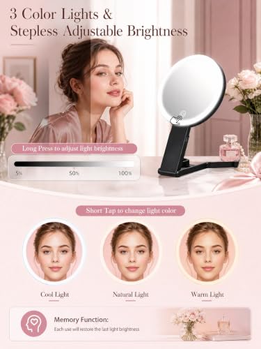 40X/1X Makeup Magnifying Mirror with Lights, 6inch Double-Sided LED Makeup Mirror, Desktop 1X/40X Travel Magnifying Mirror, 3 Color Dimmable Lights, 2000mAh Rechargeable Battery, 3 Ways to Use